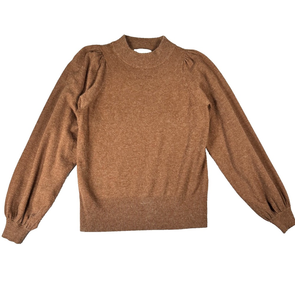 White + Warren Sweater Womens M Brown Cashmere Puff Sleeve Mock Neck